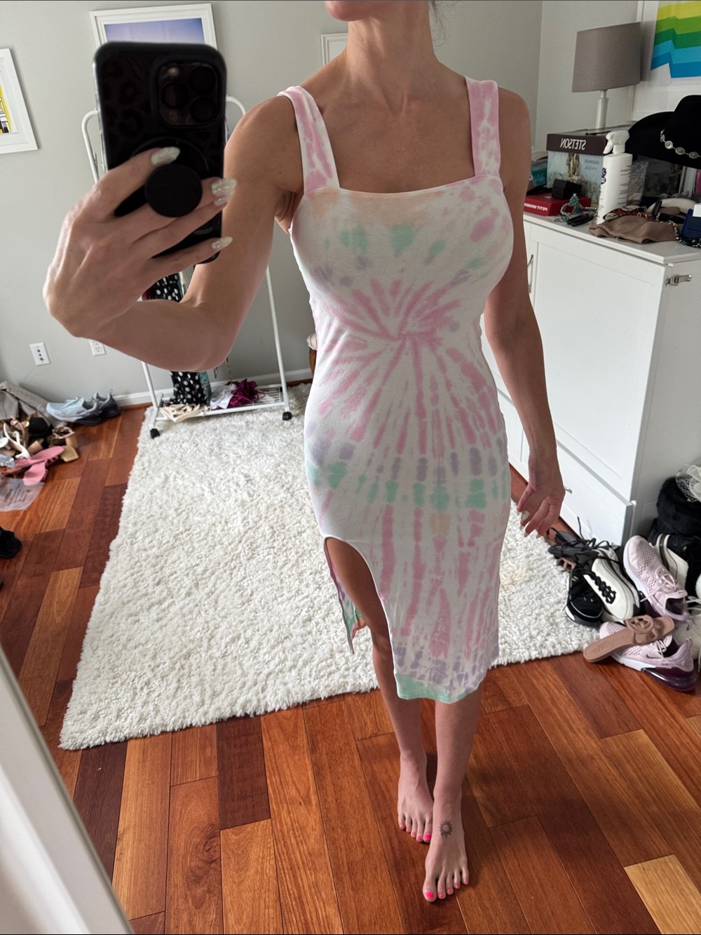n:PHILANTHROPY Pastel Tie-Dye Square Neck Midi Dress in Pink and Mint